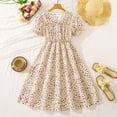 thumbnail image 5 of WEIWEN Flower Girl Dress Holiday Playwear Summer V Neck Puff Sleeve Floral Smocked Waist Party Flowy A Line Dresses Girls Clothes Beige, 8 Years, 5 of 8