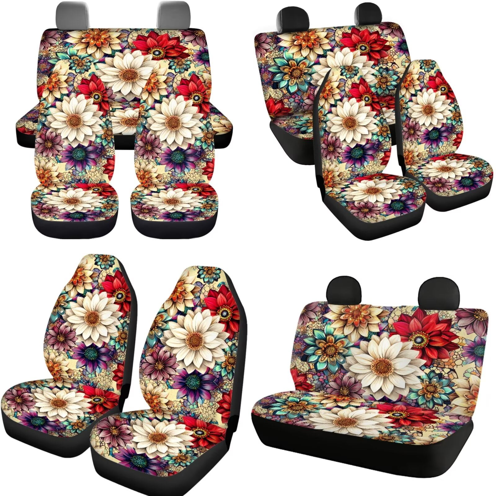Garronmavis Auto Seat Cover with Headrest Cover Cup Coasters Handbrake Gear Shift Sleeve and Lanyaeds Key Chain Boho Flower Dahlia Fashion Fit Most Cars for Women 11-Pieces Interior Car Accessories