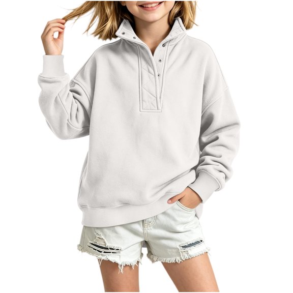 Jalioing Sweatshirt for Kids Fashion Solid Long Sleeve Stand Collar Button Pullover Tops Teen Casual Athletic Shirt