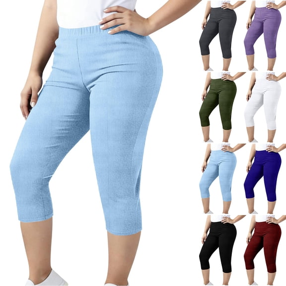 Women Capri Pants Plus Size Stretch Knee Length Leggings Ribbed Elastic Waist Casual Summer Pull On Capris Purple 2XL