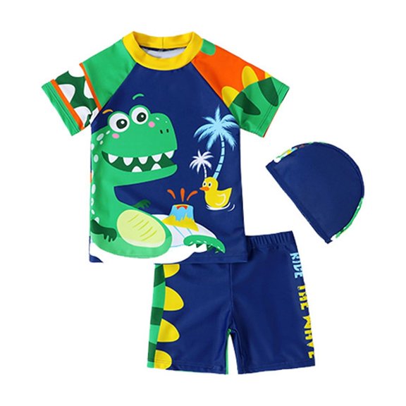 Landzoo Toddler Boys Swimsuit Cartoon Dinosaur Print Short Sleeve Crew Neck With Swim Trunks Swim Wear Summer Swimming Pool Breathable Boys Swimwear Size 4-5 Years Navy