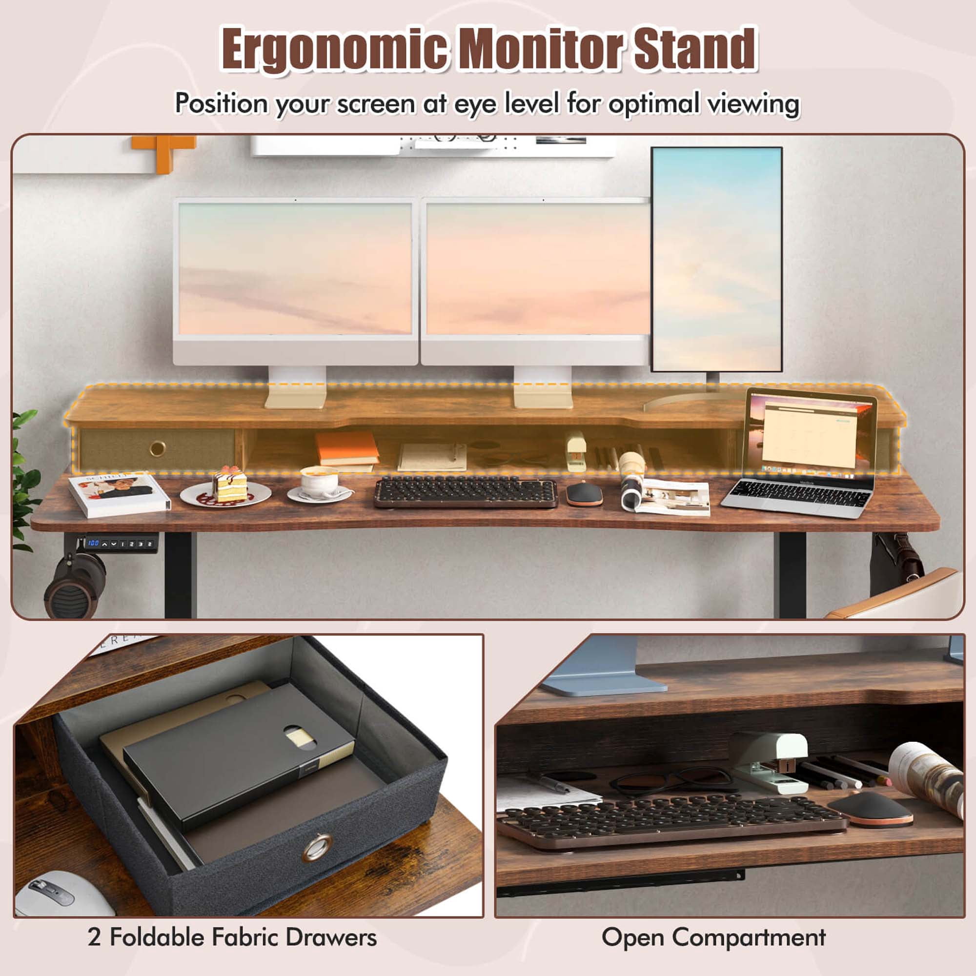 Costway 63" x 24" Electric Standing Desk with 2 Drawers Monitor Stand Storage Shelf Brown