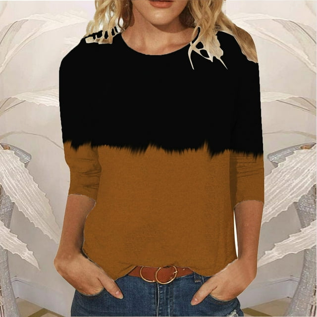 Jsaierl Hauts à Manches 3/4 pour Femmes Automne 2024 Col Rond Mode Bloc de Couleur Pull Ample Confortable à Porter avec Leggings