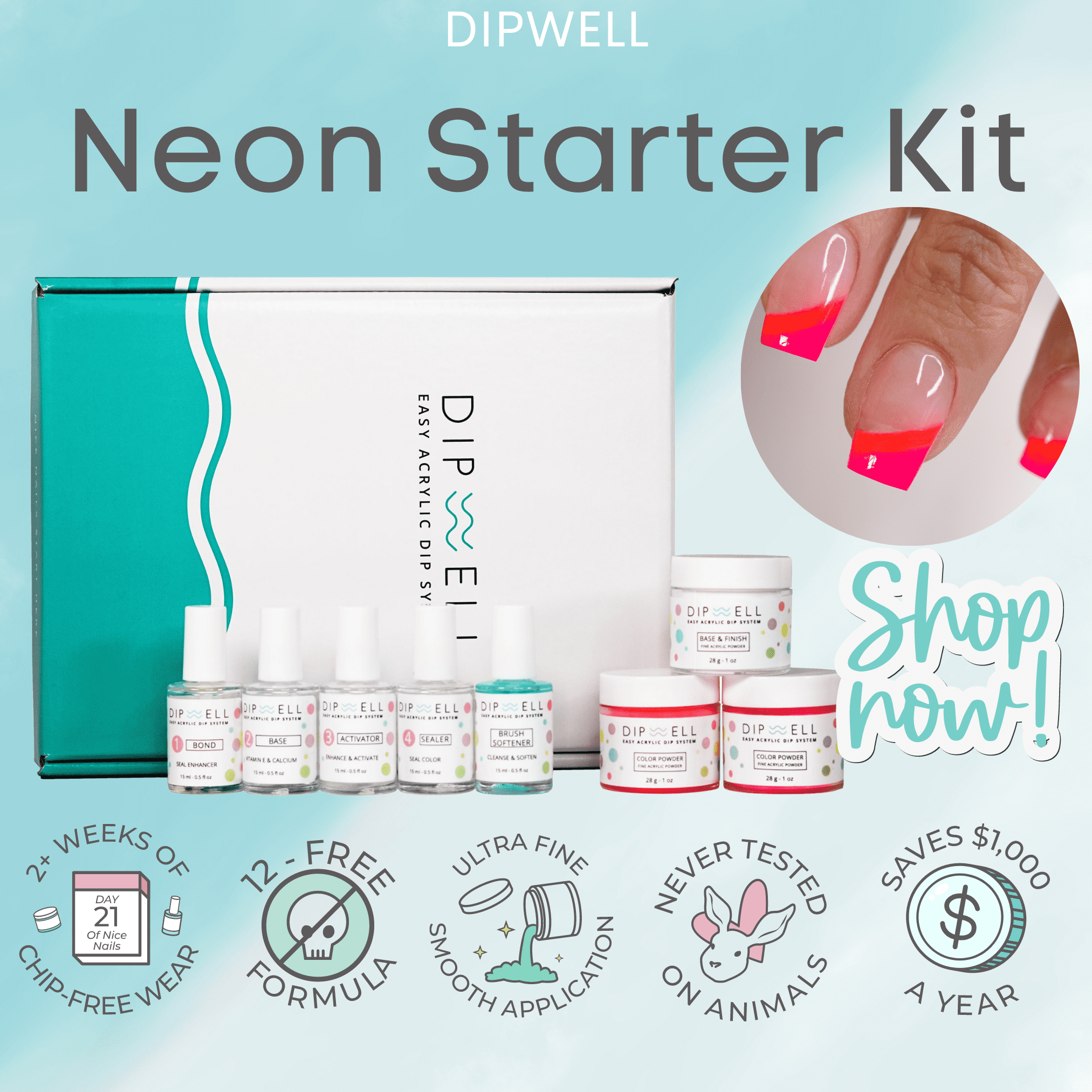 Dip Powder Nail Kit (Neon Color Starter), Acrylic Powder and Gel Resin Kit For Dip, Starter System by DipWell (Comes With Bond, Base, Activator, Sealer, Brush Softener + 3 Powder Jars)