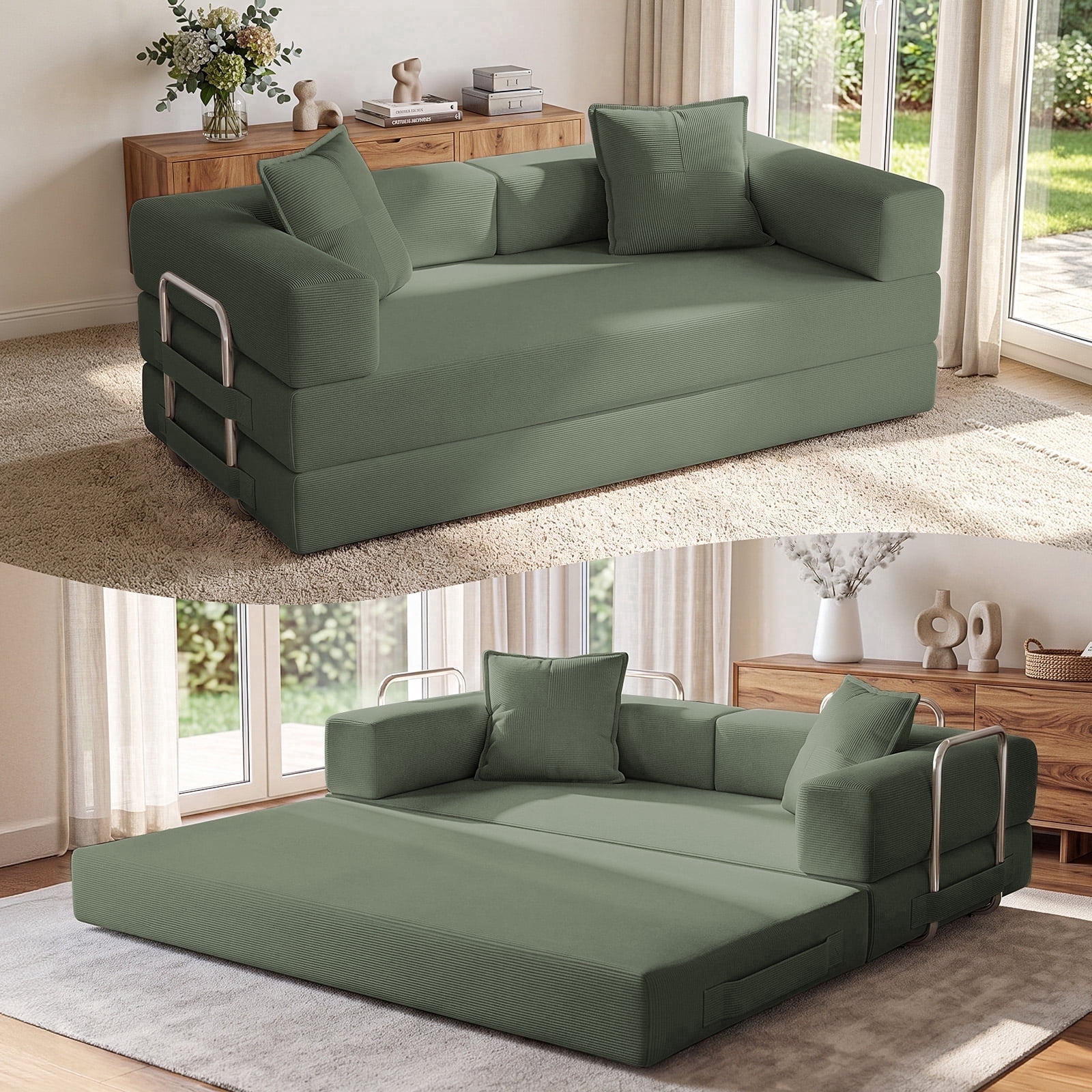 Exnote 78" Convertible Sofa Bed, 5-in-1 Corduroy Futon Pull Out Couch, No Assembly Boneless Sleeper Sofa for Living Room & Bedroom, Green