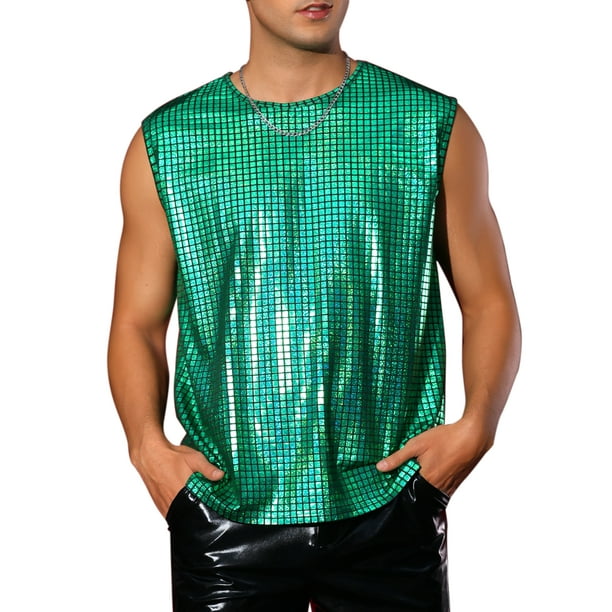 Camiseta sin mangas metálica Inspire Chic para hombres, chaleco brillante para fiestas y clubes, color verde M