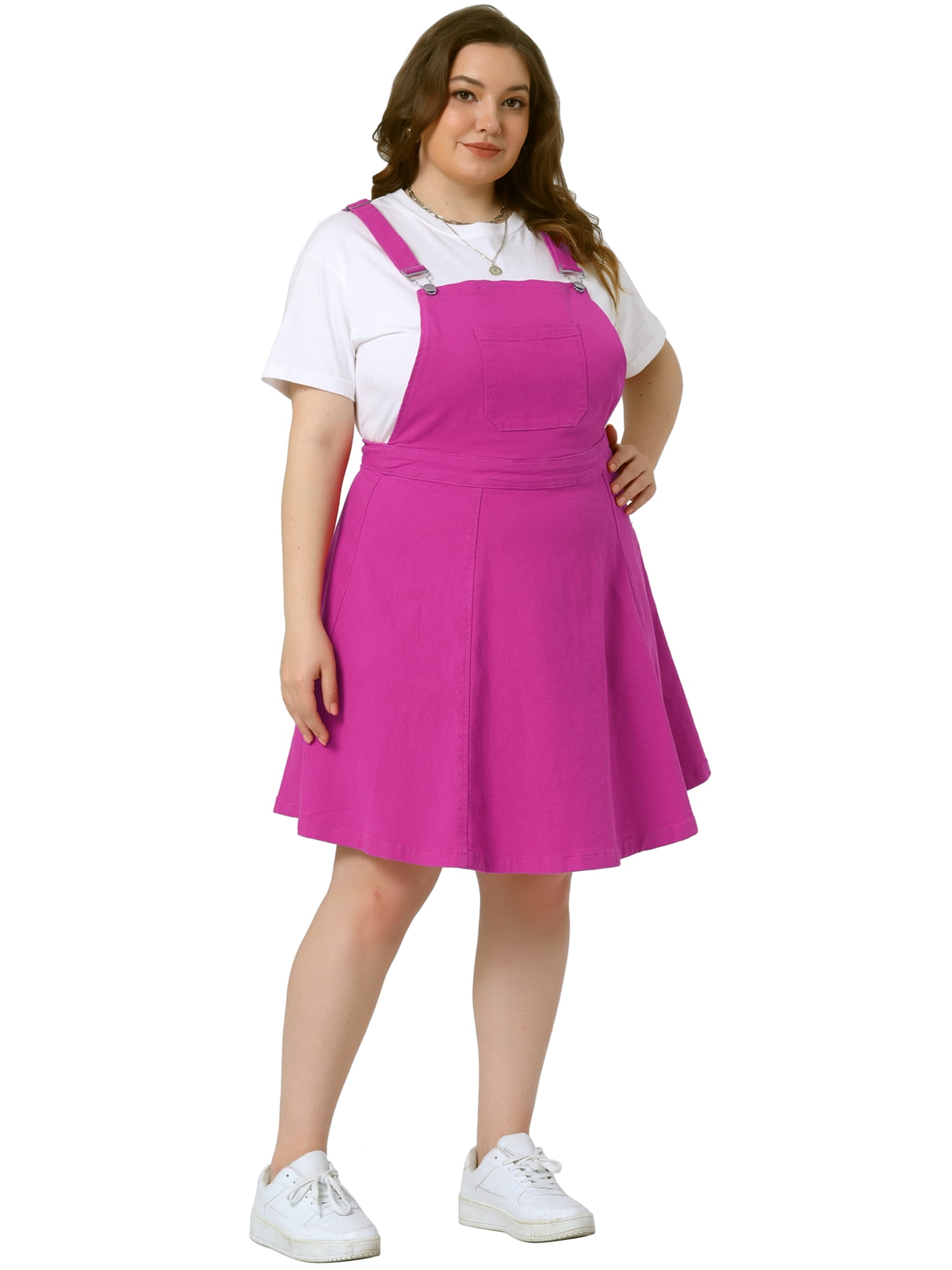 Unique Bargains Women's Plus Size Adjustable Straps Pockets Denim Dress 4X Hot Pink