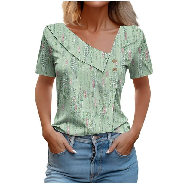 Tops de Algodón para Mujeres Cuello en V Casual de Manga Corta, Imitación Algodón Primavera Y Blusa de Verano