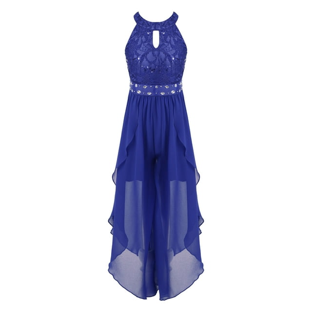 TiaoBug Barboteuse à Volants pour Filles Robe de Fête de Mariage en Dentelle à Sequins Robe de Demoiselle d'Honneur Pailletée Danse Bleu Royal 10