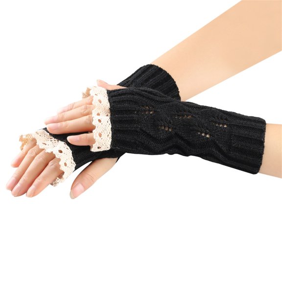 Yanyanz Winter Gloves,Women'S Winter Splicing Lace Lace Knitted Acrylic Yarn Hollow Half Finger Gloves Thermal Gloves Compression Gloves Clearance Black One Size