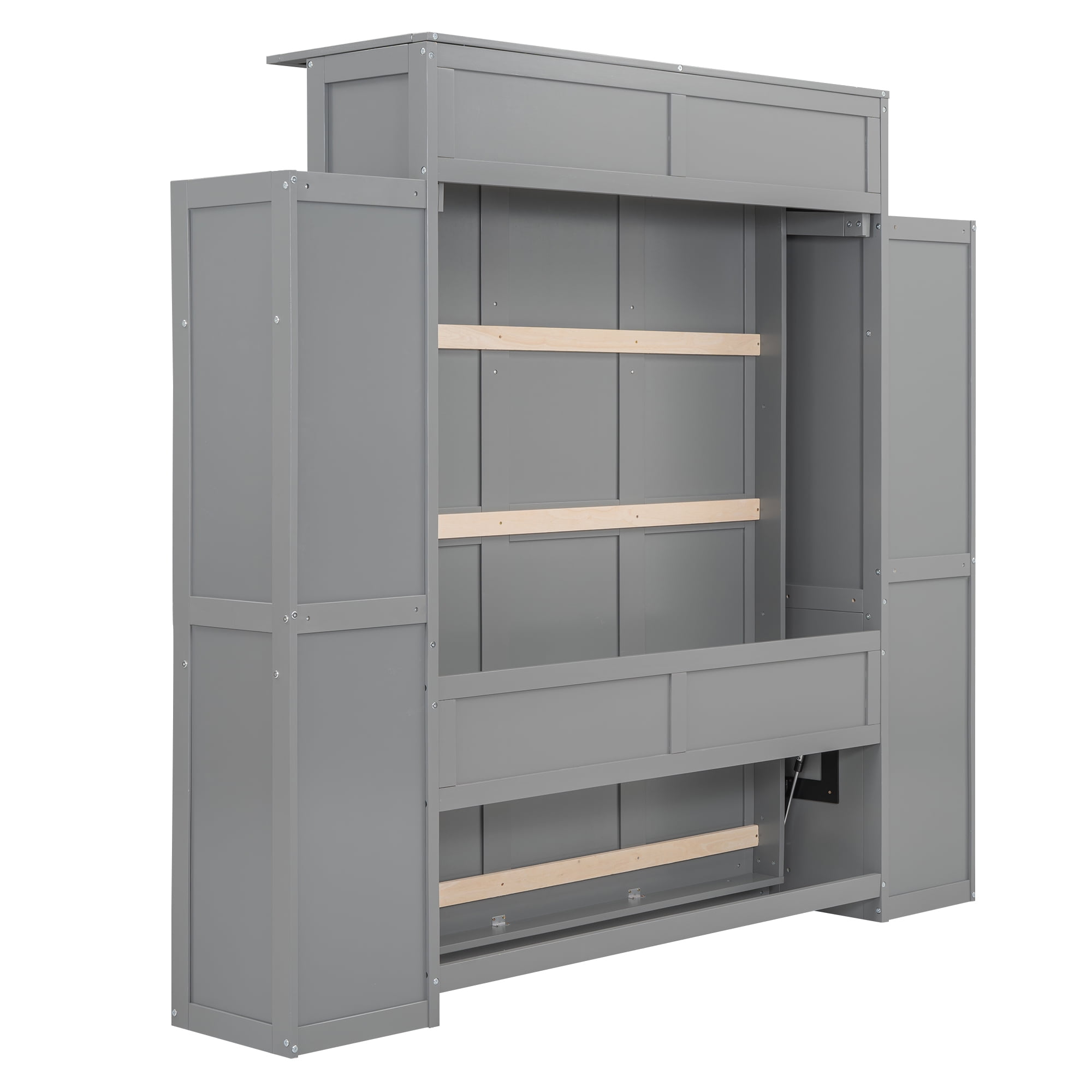 Aukfa Full Size Murphy Bed with 5-Tier Storage Shelf & LED Lights, Foldable Wall Bed Cabinet with Mattress Support, Space-Saving Design for Guest Room/Home Office, Gray