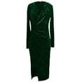thumbnail image 4 of Njoeus Women's Wrap V Neck Split Sequin Velvet Elegant Dress Glitter Long Sleeve Bodycon Ruched Cocktail Party Midi Dress, 4 of 5