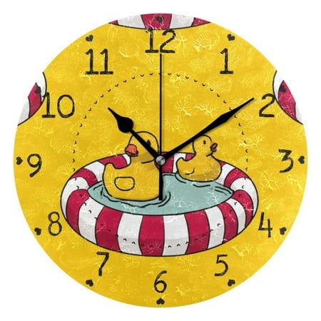Duckies in Rubber Swimming Pool Round Wall Clock Silent Analog Battery Operated Black Pointer Home Decor 9.84 Diameter