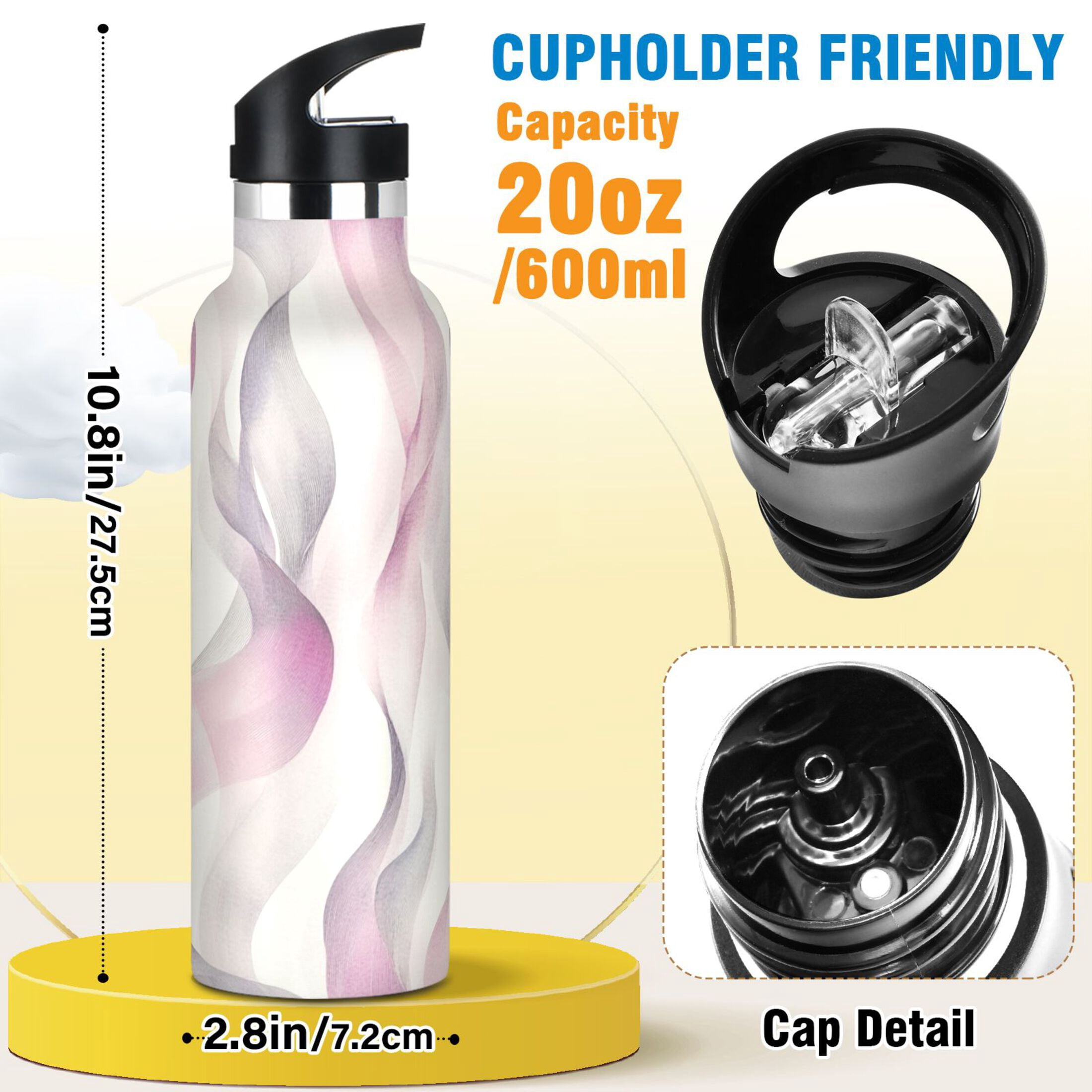 Kids Insulated Stainless Steel Sports Water Bottle 600ml (20oz) Watercolor Abstract Wavy Lines