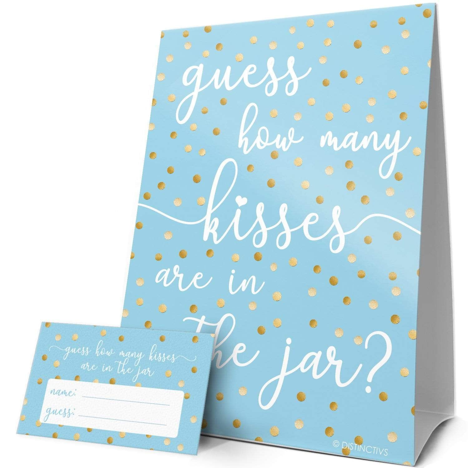 Guest How Many Kisses in the Jar Party Game - Blue and Gold - 30 Guests for a Bridal Shower, Baby Shower, Wedding, Birthday Party - Distinctivs