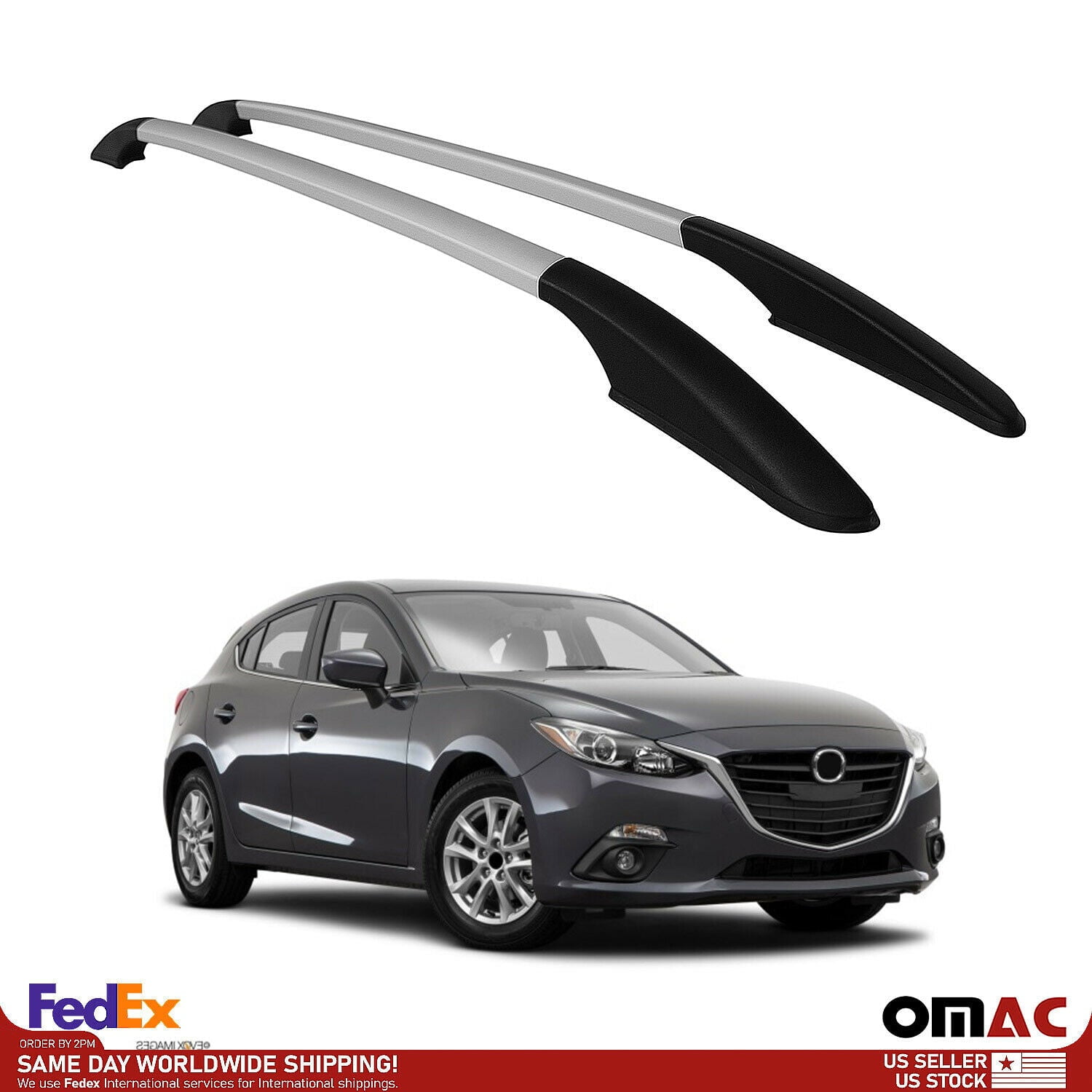 OMAC Top Roof Rack Side Rails Bars Alu Silver For Mazda 3 20132018