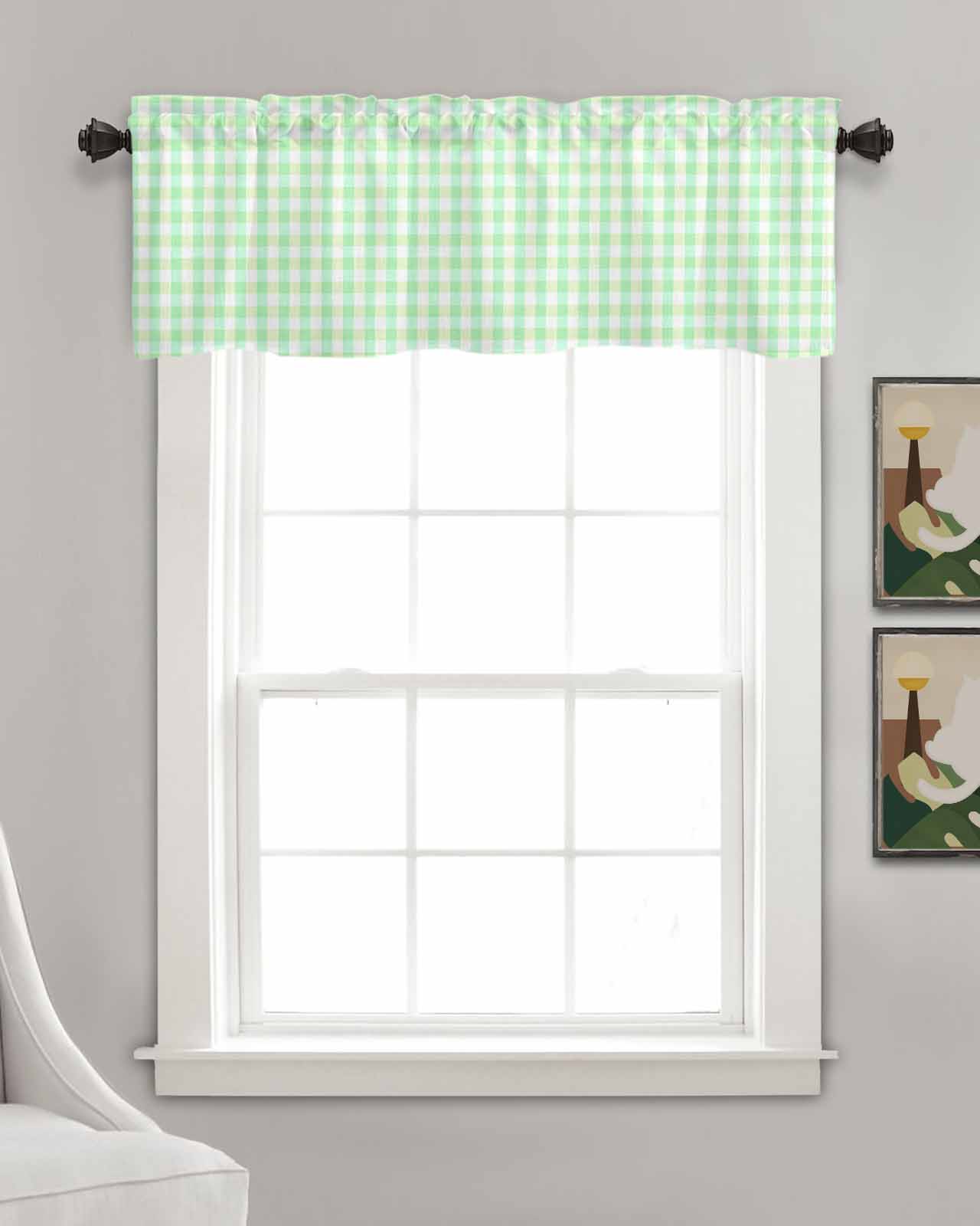 Green Grid Kitchen Valances for Windows Farmhouse Linen Window Valance Curtain for Living Room Window Treatment Checkered Plaid Gingham Lattice Trellis Print Valance Rod Pocket Topper, 60 x 18 Inch