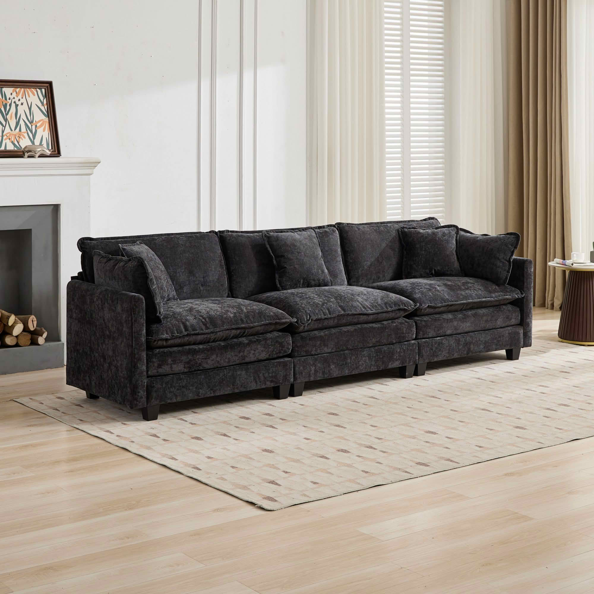 MAYEERTY 113.8 Inch Cloud 3‑Seater Modular Sectional Sofa, Chenille Couch with Double‑Layer Seat Cushion for Home Apartment, Ottoman Not Included