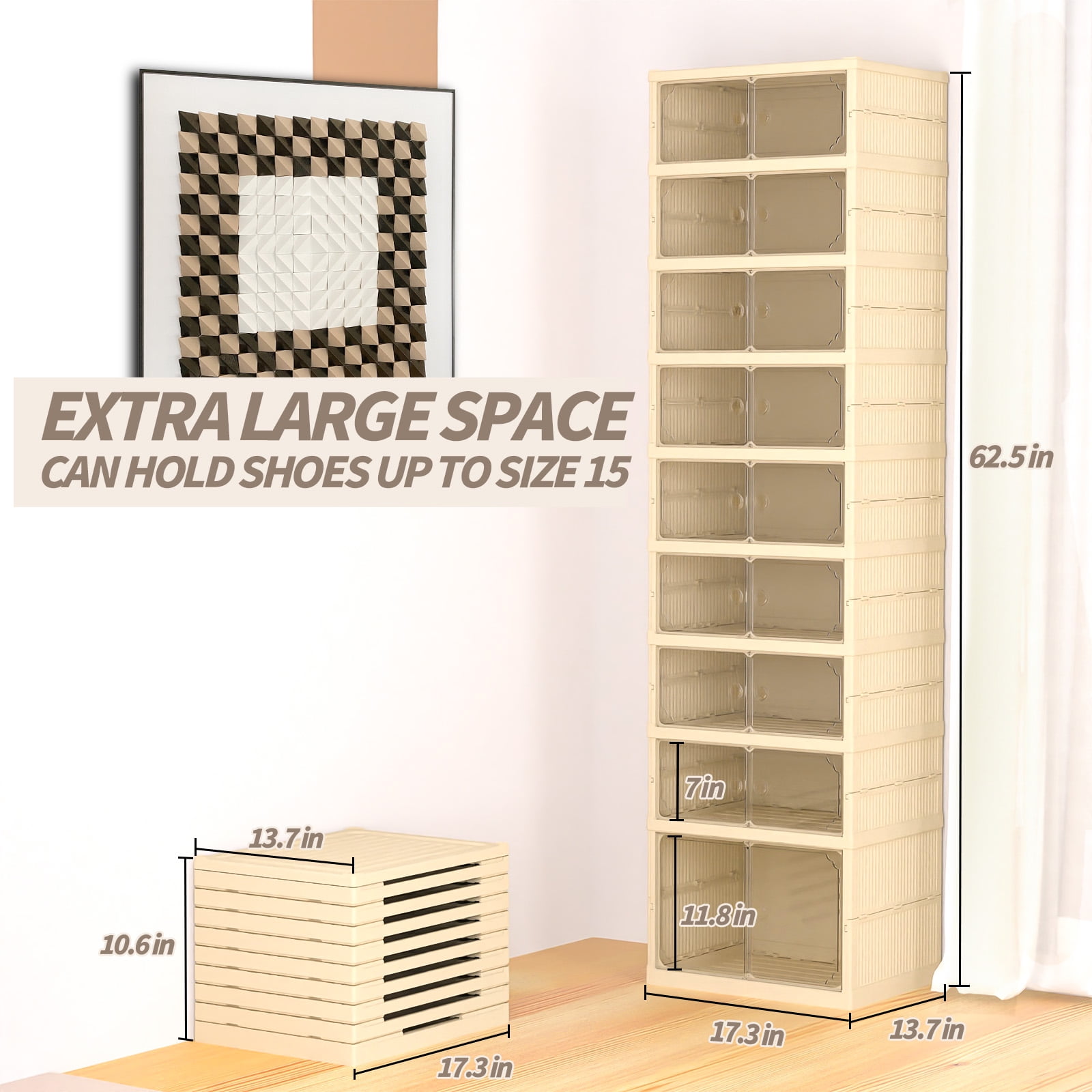 9-Tier 18 Pairs Foldable Shoe Rack Organizer,Plastic Collapsible Shoe Shelf,