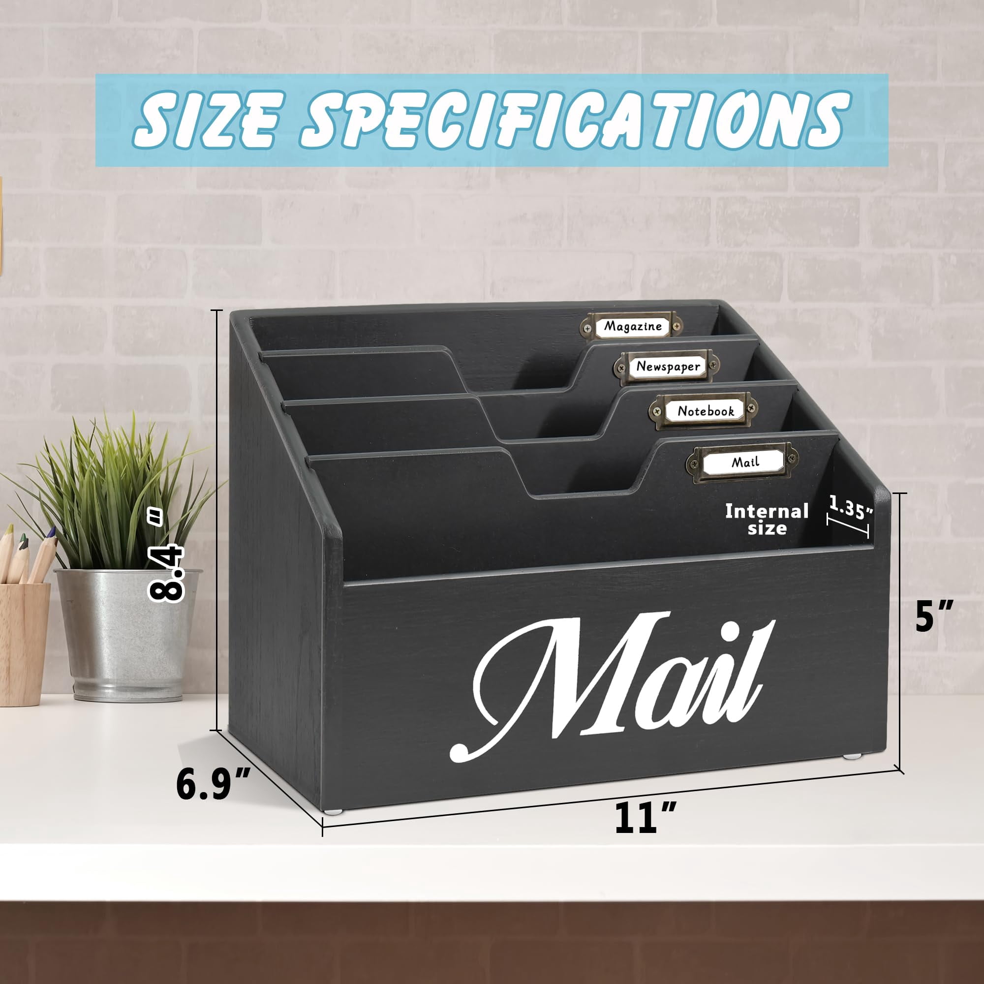 Rustic Mail Organizer for Desk, Mail Holder File Organizer Wall Mount, Office Accessories Mail Organizer Countertop with Removable Partitions, Desk Organizer for File Paper Folder, Black