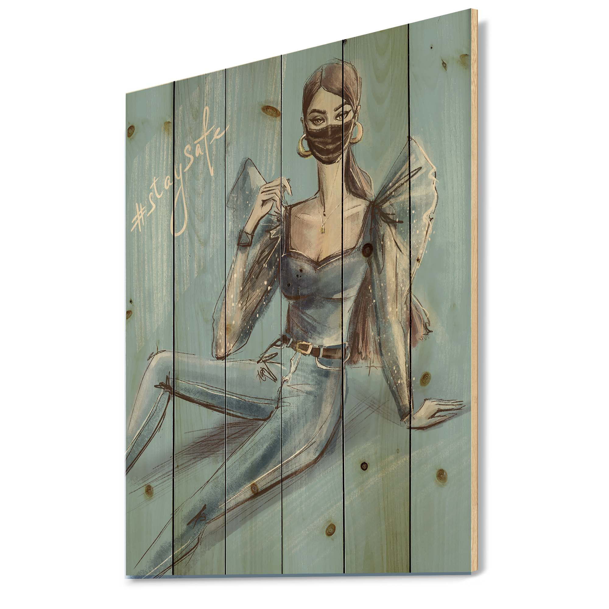 Designart 'Stylish Beautiful Woman Wearing Medical Mask' Traditional Print on Natural Pine Wood