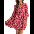 thumbnail image 3 of Robe Bohème d'Été pour Femme 2025 Décontractée à Col en V Style Babydoll à Manches à Volants, Mini Tunique à Fleurs, Petite Robe Soleil Rouge TG, 3 of 8