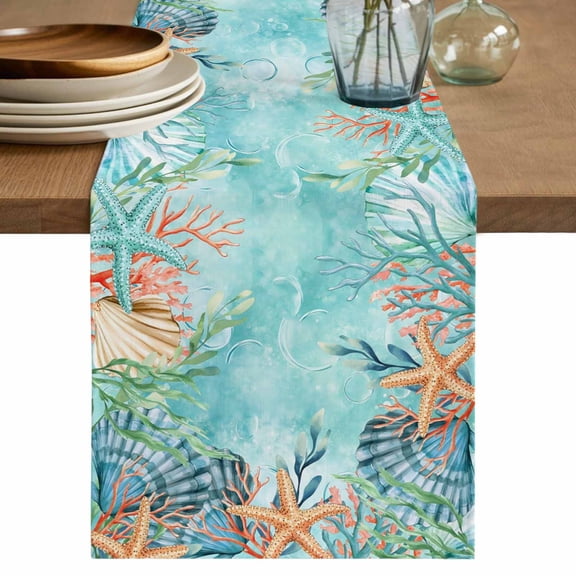 Coastal Table Runner 60 Inches, Summer Nautical Beach Coral Starfish Blue Ombre Bed Runner Dresser Scarves Tabletop for Indoor Outdoor Parties/Ceremony/Banquet, 13" x 60"
