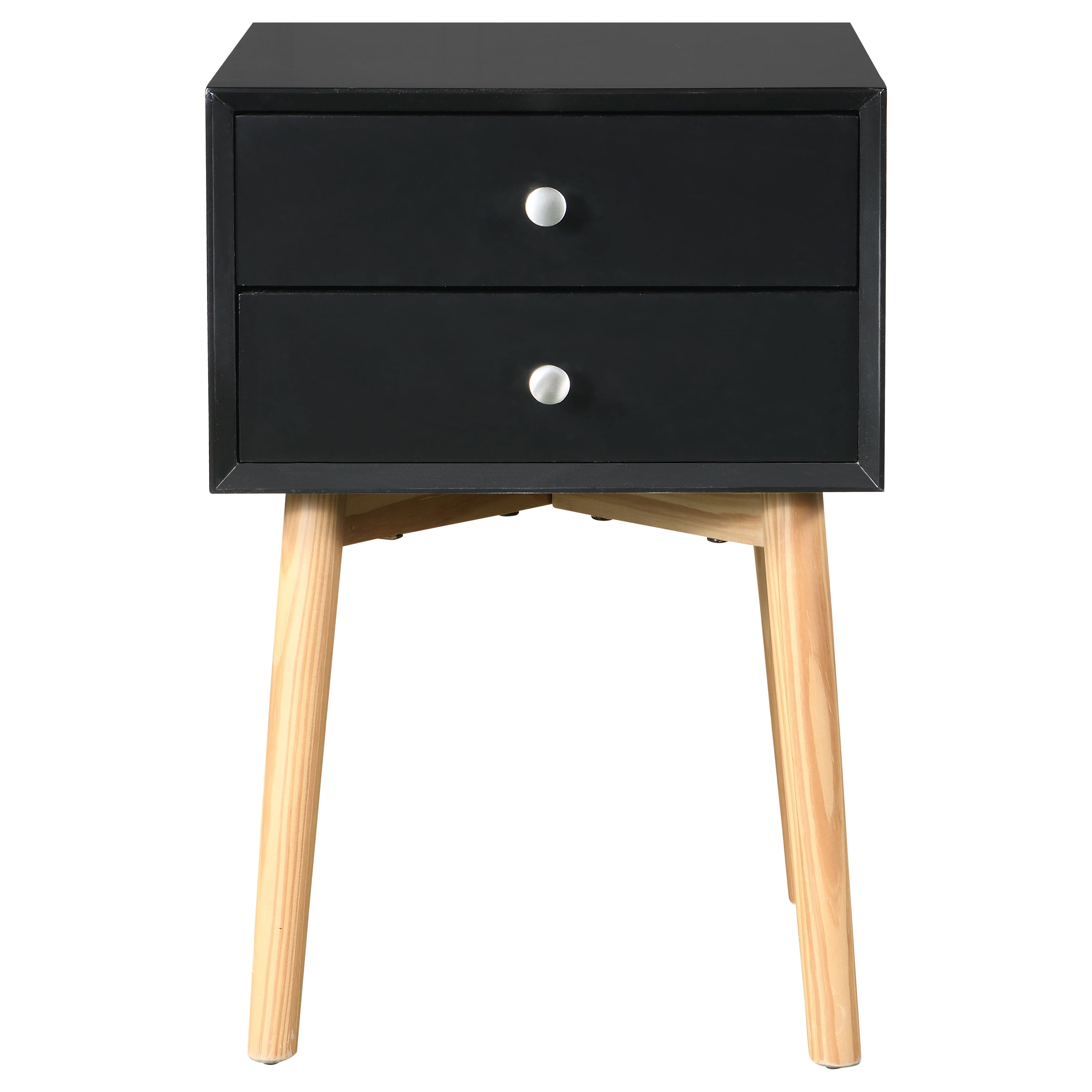 Side Table,Bedside Table with 2 Drawers and Rubber Wood Legs, Mid-Century Modern Storage Cabinet for Bedroom Living Room, Black
