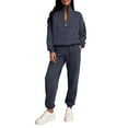 thumbnail image 3 of Women's Half Zip Stand Collar Sweatsuit Set, Solid Color Athletic Two Piece Set, Winter Running Outfit, Pullover and Joggers, Yoga Gym Workout Set Navy XXL, 3 of 7