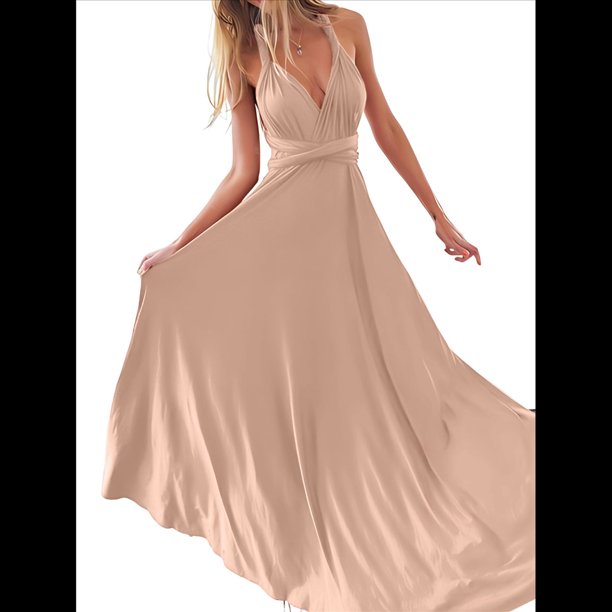 Vestido Maxi Sin Mangas, de Cintura Alta, Color Liso, con Tirantes Cruzados en la Espalda y Múltiples Usos para Mujer. Champán L