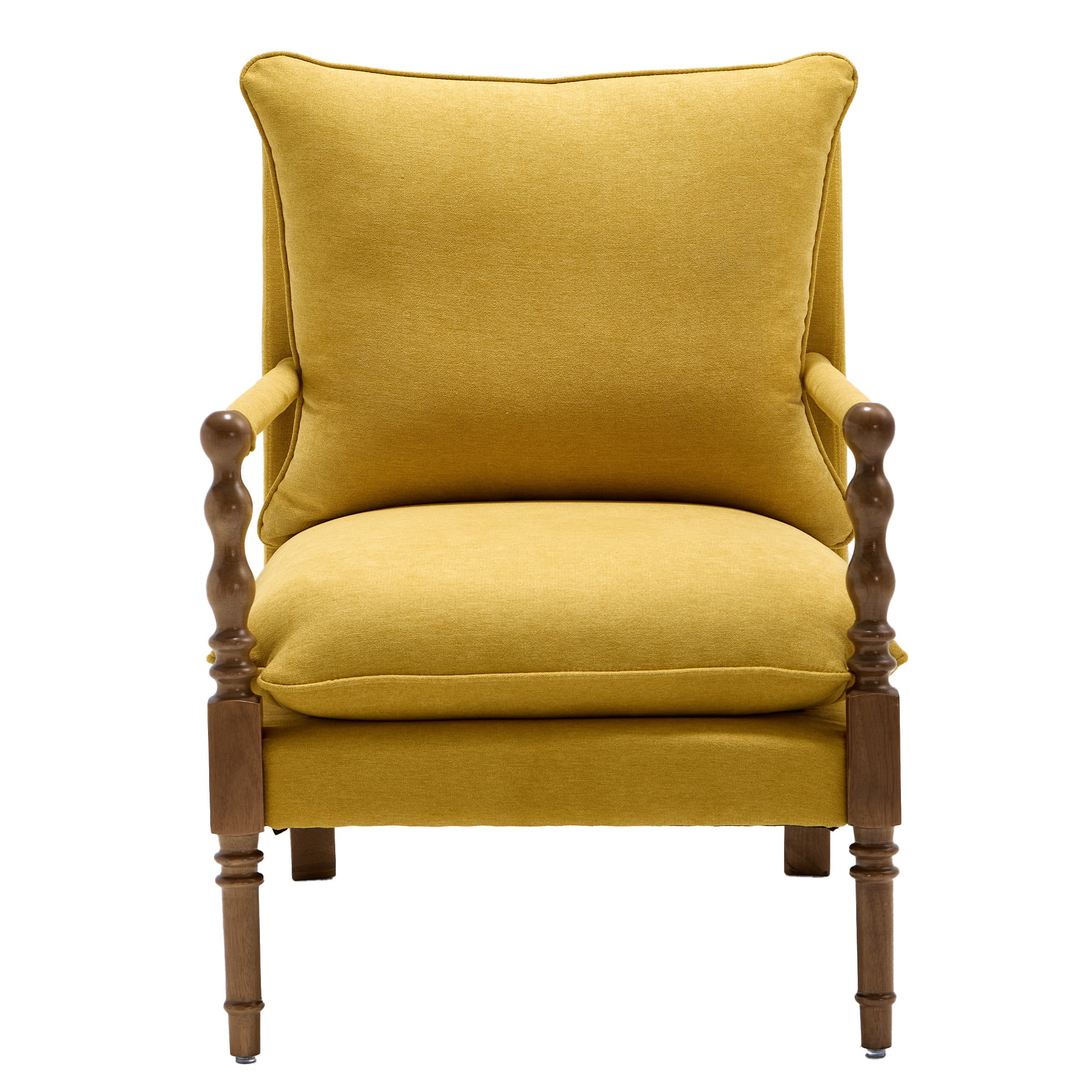 Mid Century Linen Spindle Accent Chair,Yellow Upholstered Armchair with Solid Wood Frame,Padded Spring Seat & Covered Armrests for Living Room and Bedroom