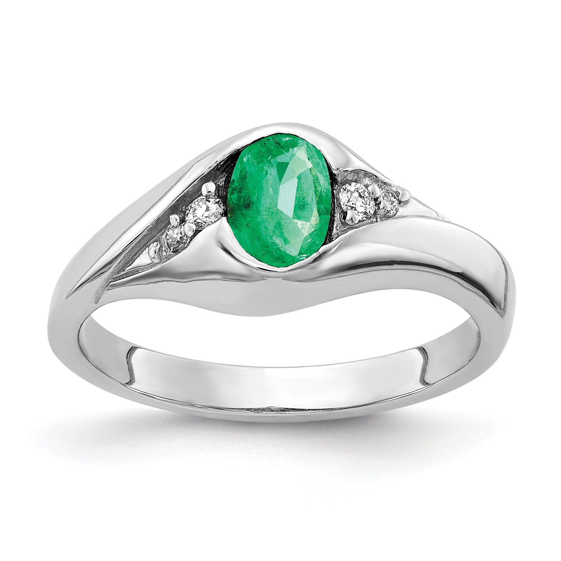 14K White Gold 6X4mm Oval Emerald AA Diamond Ring Size 6