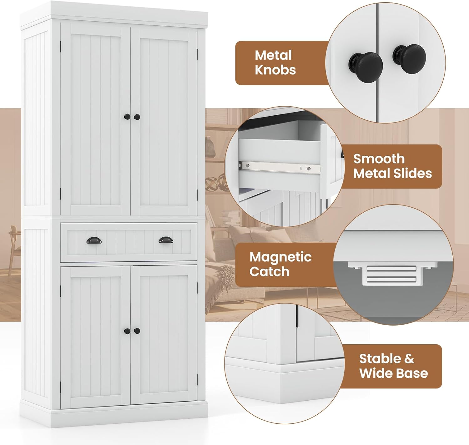 Traditional Kitchen Pantry Cabinet, Kitchen Cupboard with Double-Doors, Large Drawer and Adjustable Shelves for Dining Room, Bathroom