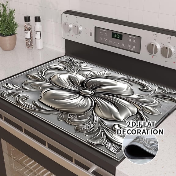 Stove Top Cover for Electric Stove Silver flowersDesign Dish Drying Mat 28x20 Inch Decorative Kitchen Protector Fit Under Coffee Maker Resistant Glass Top Stove Cover Protector