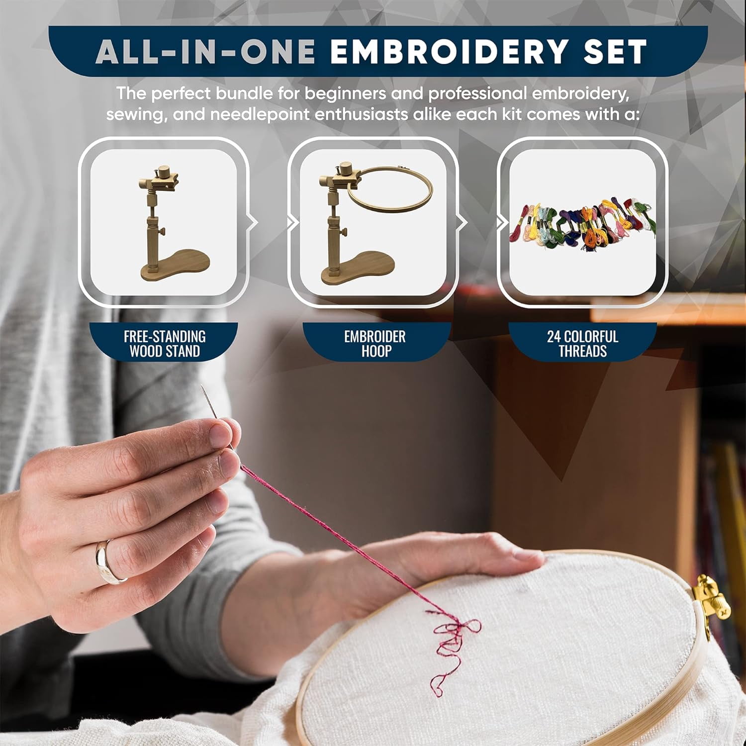 Houston Imports  Hand Embroidery Kit with 8” Hoop, Stand, and 24 Assorted Color Threads, Beginner Sewing and Needlepoint Bundle with Accessories, Hands-Free Adjustable Frame for Arts.