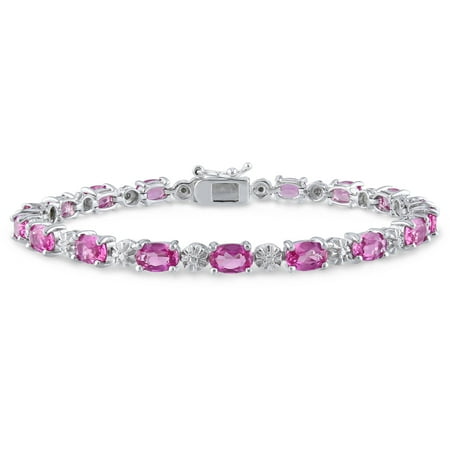 13-1/2 Carat T.G.W. Oval-Cut Created Pink Sapphire and Diamond-Accent Sterling Silver Tennis Bracelet, 7.25