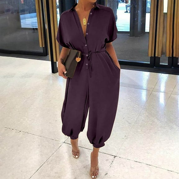 Jumpsuits for Women Dressy Formal V Neck Twist Front Wedding Guest Jumpsuit Outfits with Pockets Purple XL