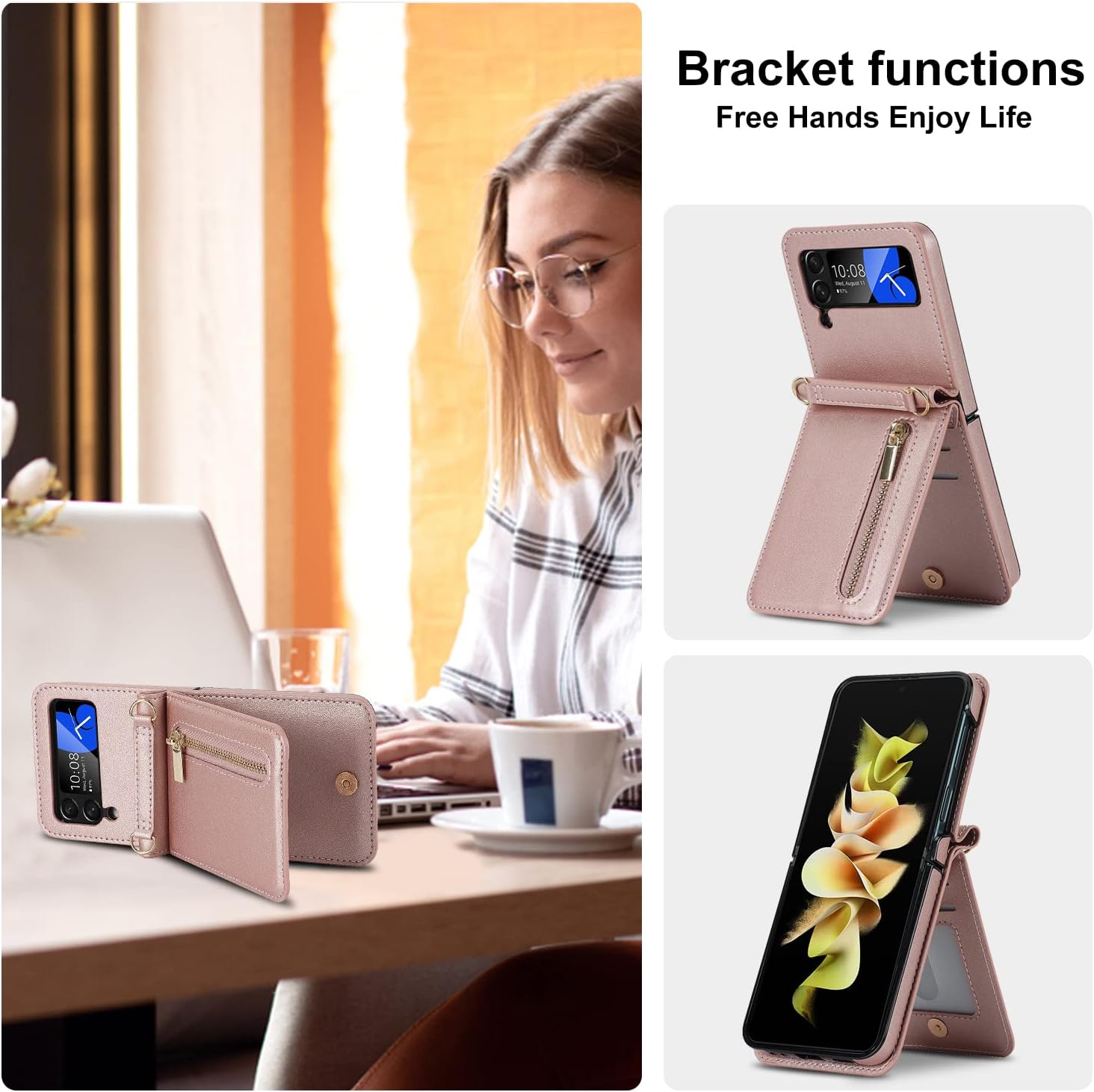 Phone Case for Samsung Galaxy Z Flip 3 5G 2021 Wallet Cover with Credit Card Holder Zipper Slot Crossbody Strap Lanyard Leather Stand Cell Accessories ZFlip3 Z3 Flip3 3Z Women Girls Rose Gold