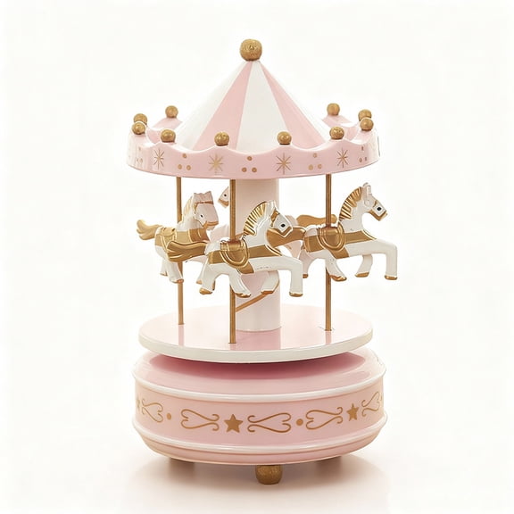 Vintage Pink Wooden Merry-Go-Round Horse Christmas Birthday Gift Carousel Music Box, Clockwork Mechanism Laxury Carousel Music Box