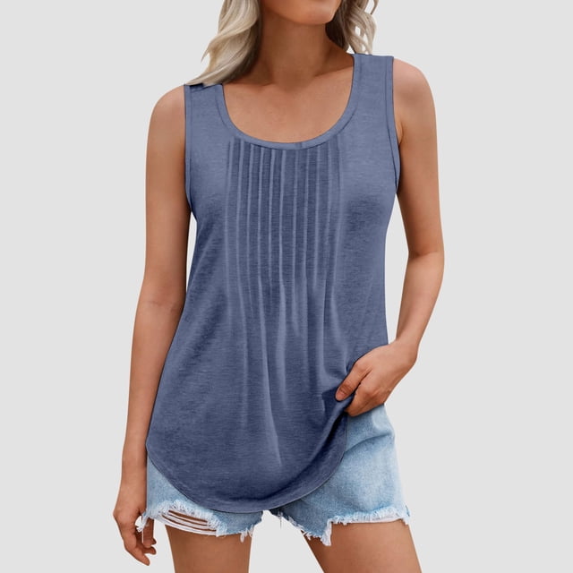 BVOFAR Débardeurs d'Été pour Femmes Grande Taille Col Rond Sans Manches Chemises Plissées Décontractées Couleur Unie T-Shirts 2025