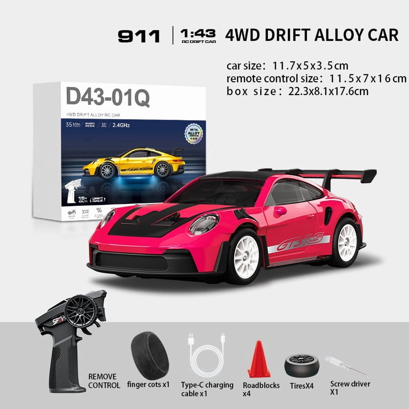 D43-01 1:43 Scale 2.4G Full Proportional 4WD RC Drift Car with Gyro High Speed Alloy Chassis Silent Bearings Adjustable LED Lighting Remote Control Race Car