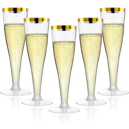 "20 Pack Champagne Flutes Plastic Wine Glasses Disposable, 4.5 Oz Gold Rim Mimosa Glasses for Engagement Wedding Birthday New Years Eve Xmas Party Supplies, Toasting Cocktail Cups
