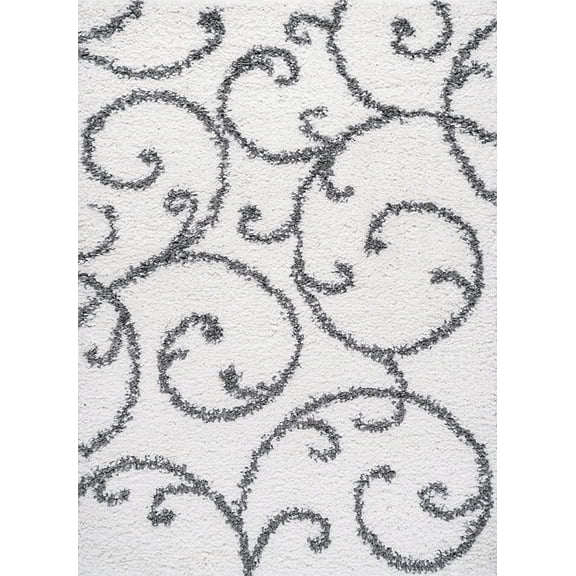Tayse Soho Shag Shag Area Rug SOH1100 Transitional White Scrolls Bulbs 5' 3" x 7' 3" Rectangle