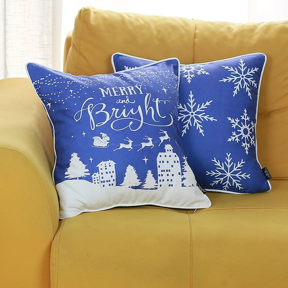 Decorative Merry & Bright Christmas Throw Pillow Cover Set of 2 Square 18" x 18" Blue & White for Couch, Bedding