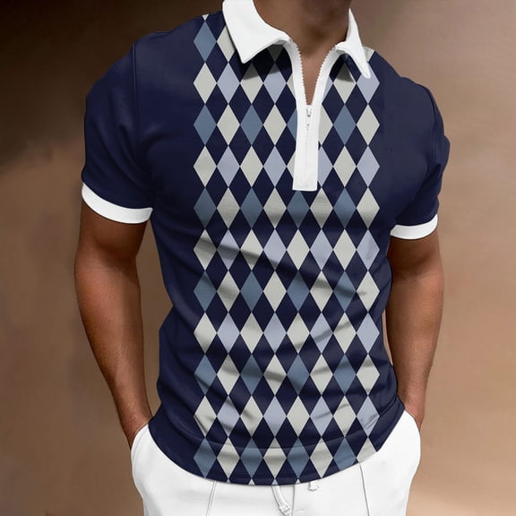 Polos for Men Short Sleeve Lapel Zipper Plaid Printing T Shirt Spring Summer Stylish Loose Casual Men Polo Shirts Blue L