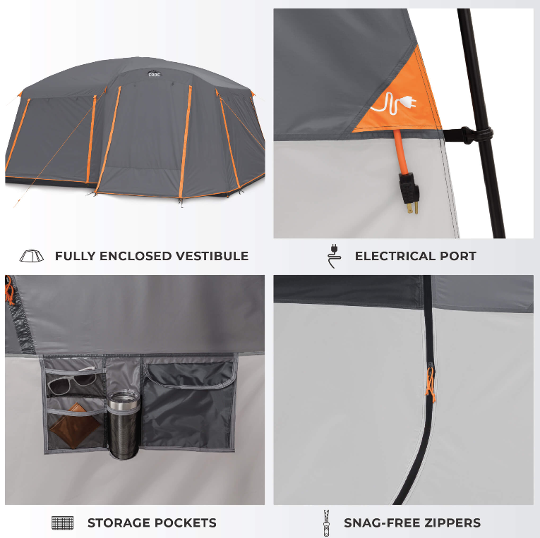 CORE 14' x 10' 10 Person Straight Wall Cabin Camping Tent with Full Rainfly, 44lbs
