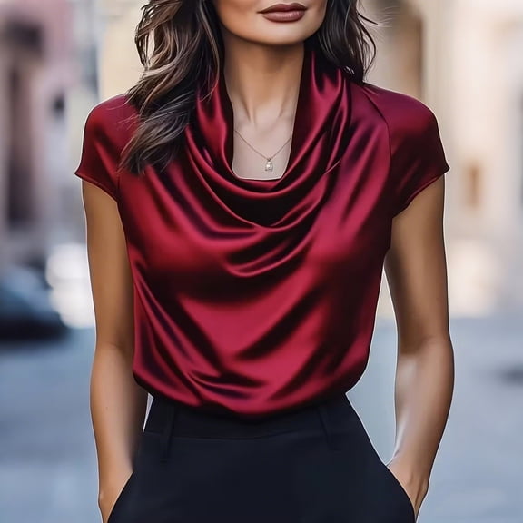 HongQid Blouses for Women Satin Dressy Casual Summer Cowl Neck Short Sleeve Tops Spring Work Office Teacher Shirts