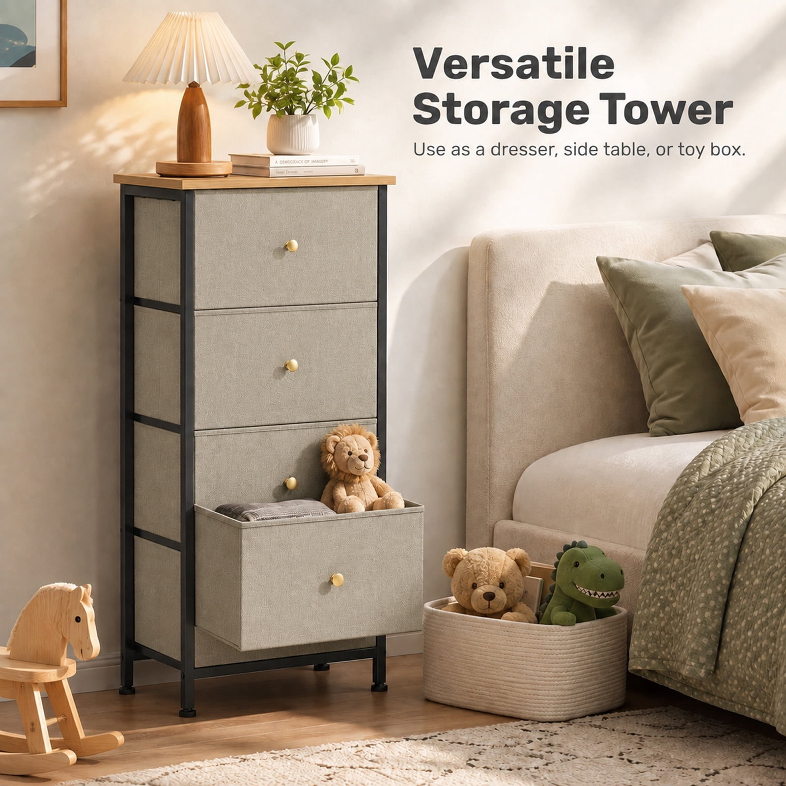 Alvantor Dresser Nightstand for Bedroom, 4-Drawer Fabric Dresser Storage Tower, Space-saving tower, Bedroom or closet use, Chest of drawers for small spaces