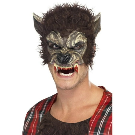 Smiffys 22711 Werewolf Half Face Mask with Fur & Teeth, Brown