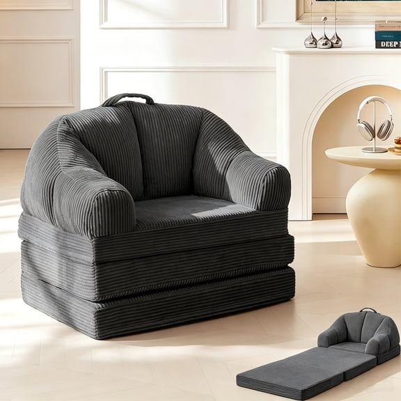 Akaber Folding Boneless Chair, Futon Sofa Bed with Portable Handle, Small Couch for Living Room, Bedroom, Grey
